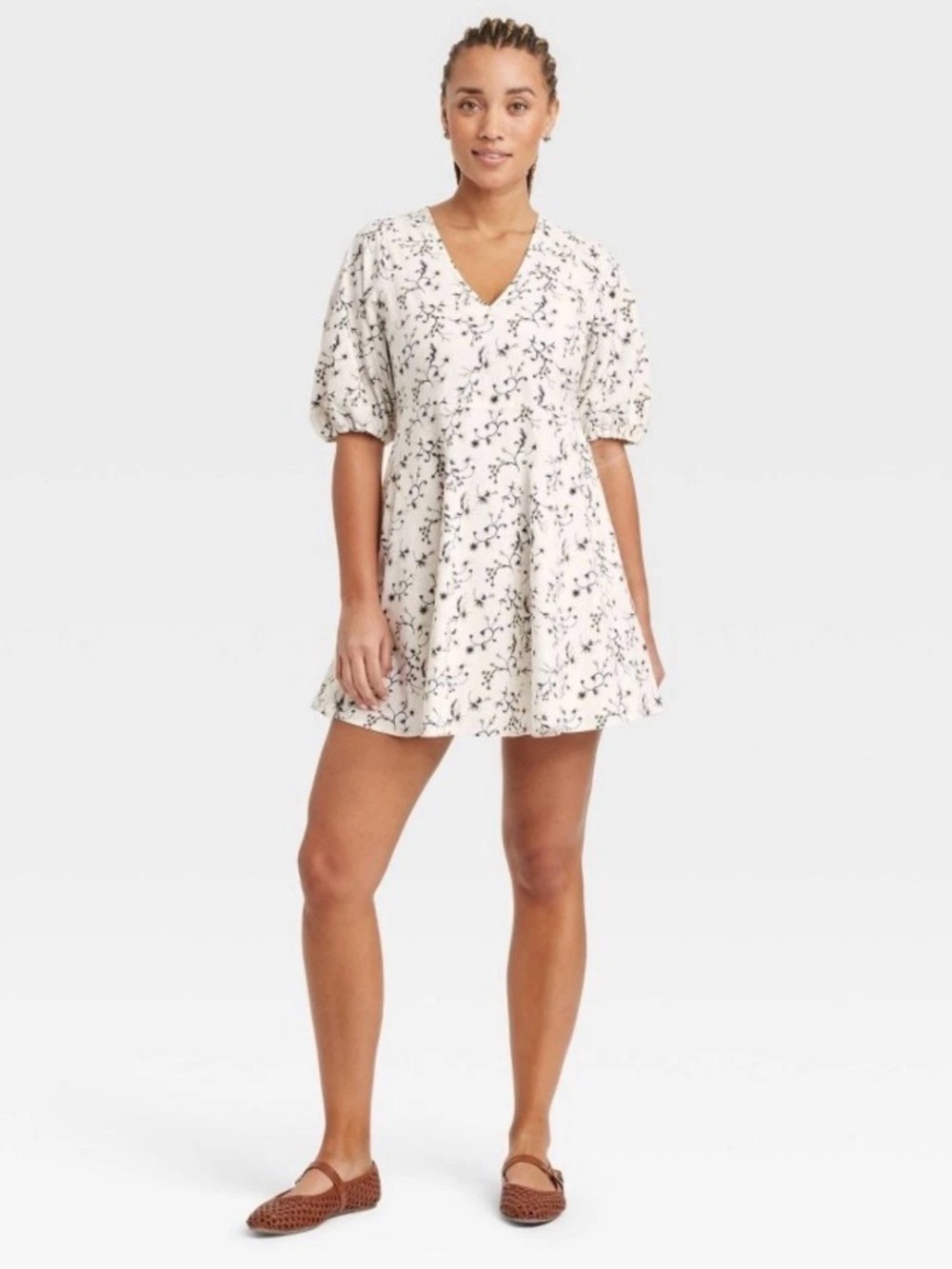 Universal Thread Floral Mini A-Line Dress Puff Sleeve V-Neck Cream S Cottagecore